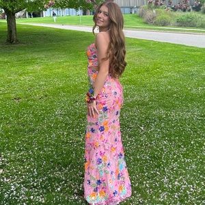 Mac Duggal Pink Floral Sequin and Lace Prom Dress